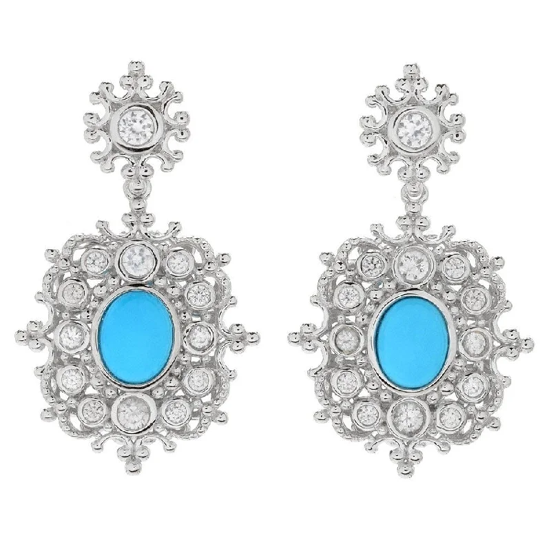 Sterling Silver 1.5" White Zircon & Sleeping Beauty Turquoise Drop Earrings