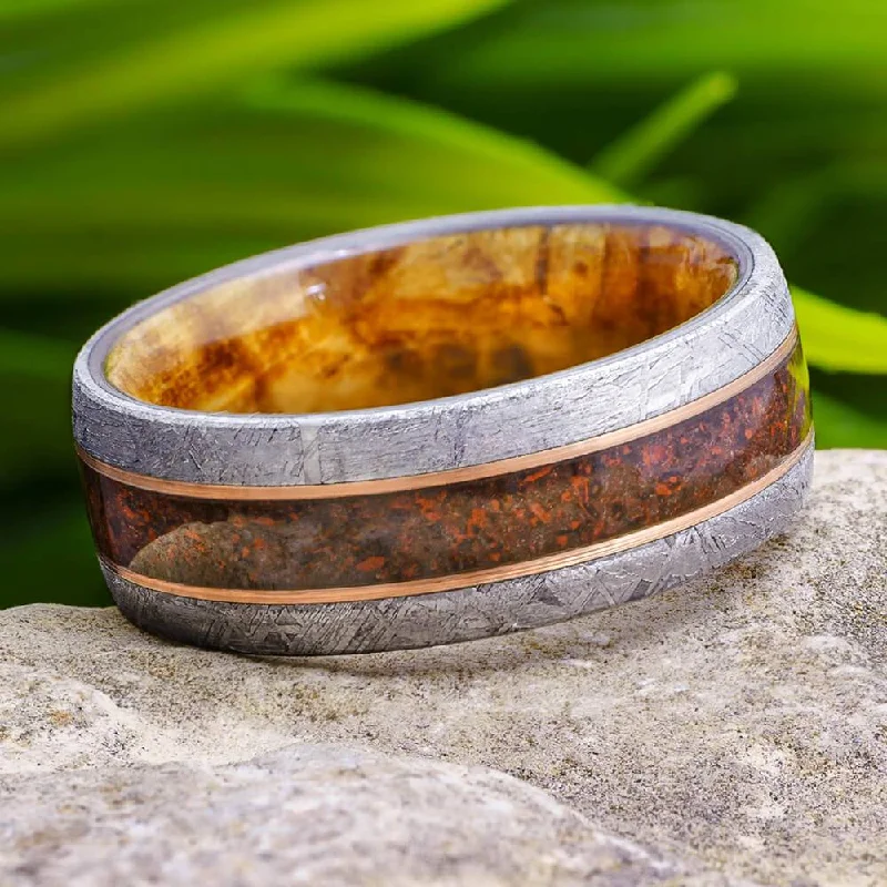 Meteorite & Dino Bone Ring With Wood Sleeve