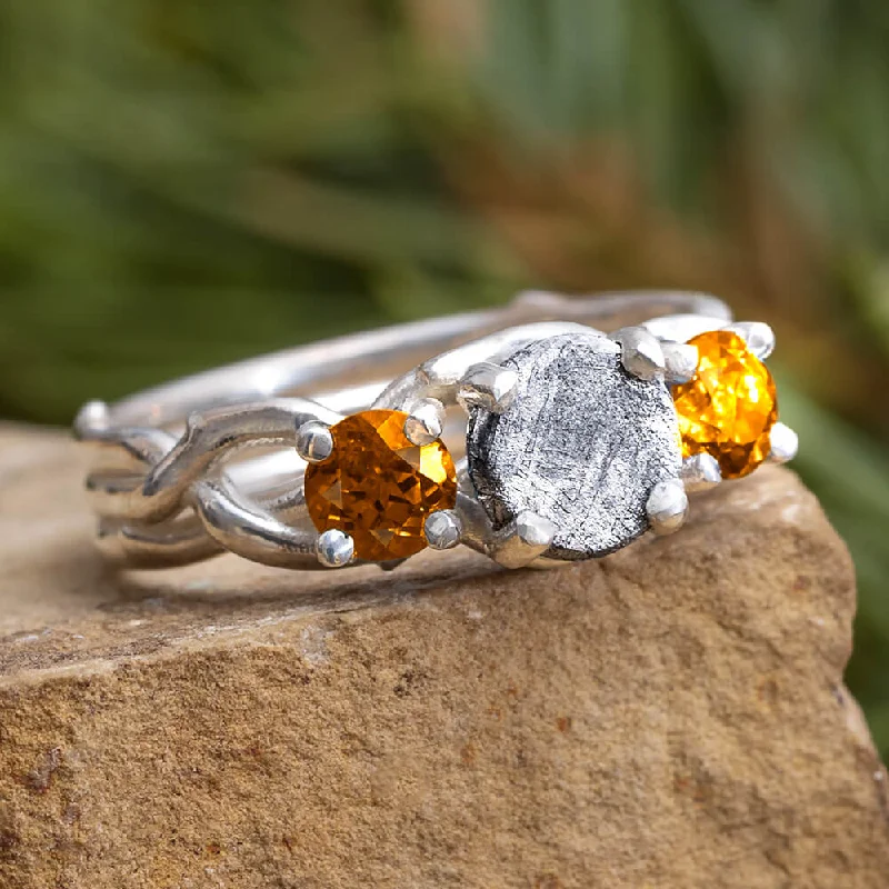 Citrine Ring With Meteorite And Silver Branch Design