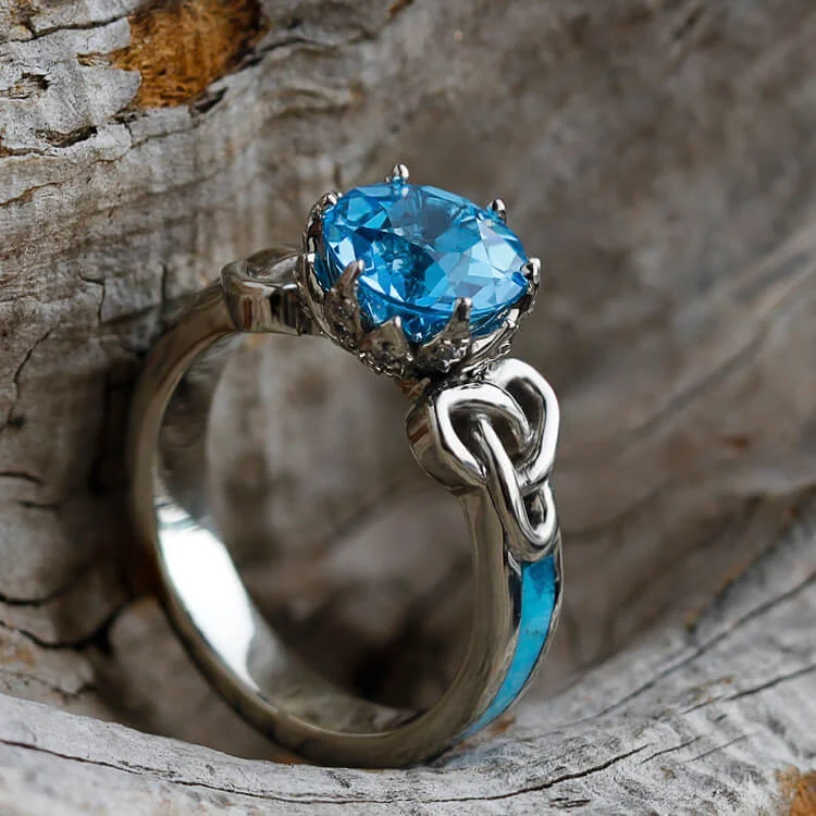 Topaz Engagement Ring with Diamond Lotus Setting & Turquoise