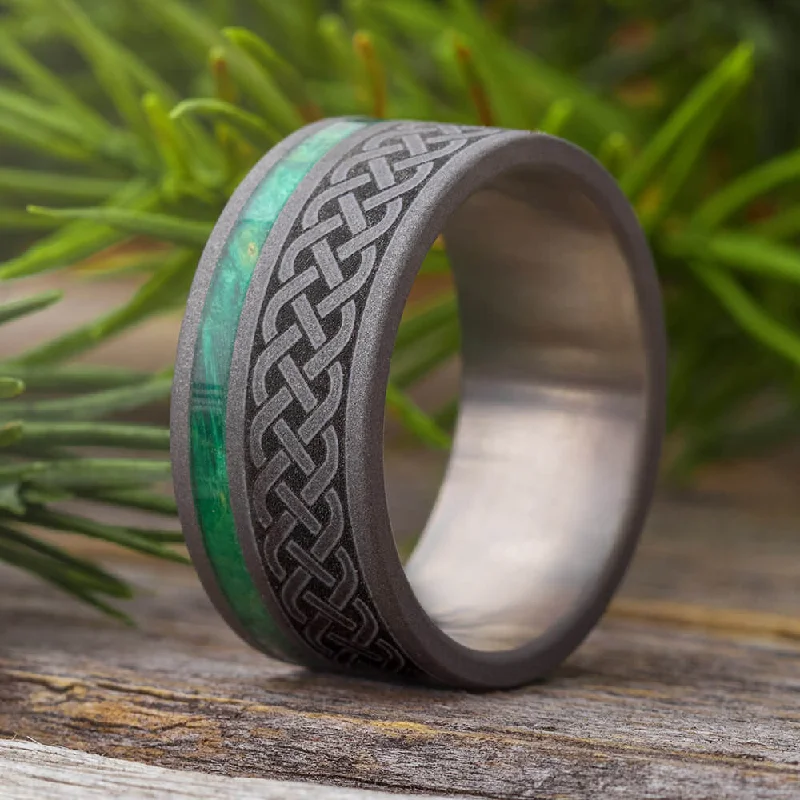 Celtic Men's Wedding Band With Green Wood