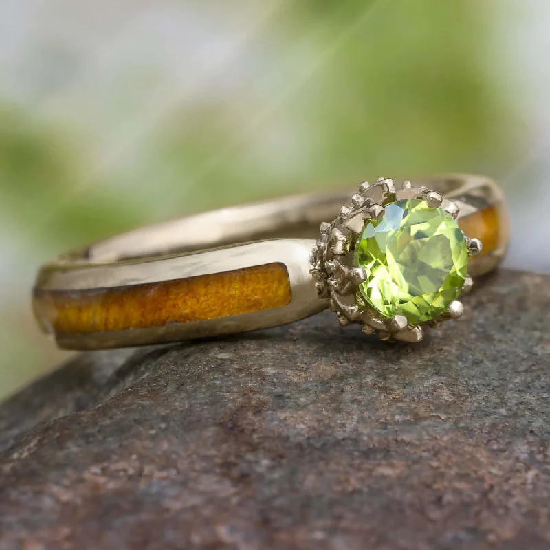 Peridot Engagement Ring with Diamond Lotus and Black Ash Burl Wood