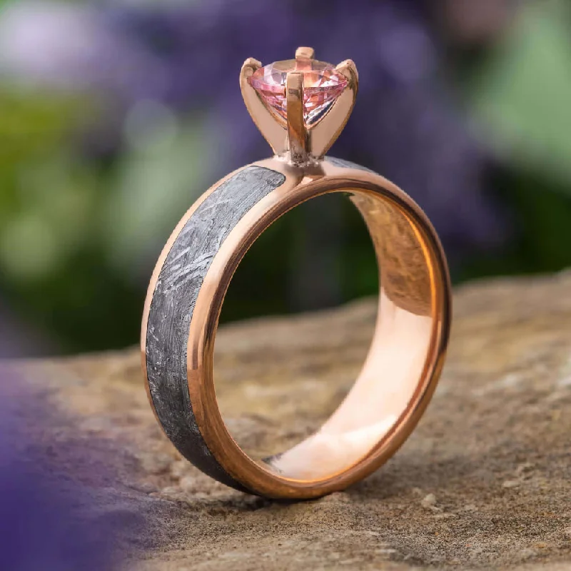 Morganite Solitaire Engagement Ring With Meteorite Inlay