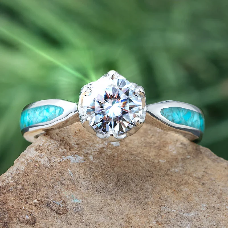 Moissanite Platinum Engagement Ring with Crushed Turquoise