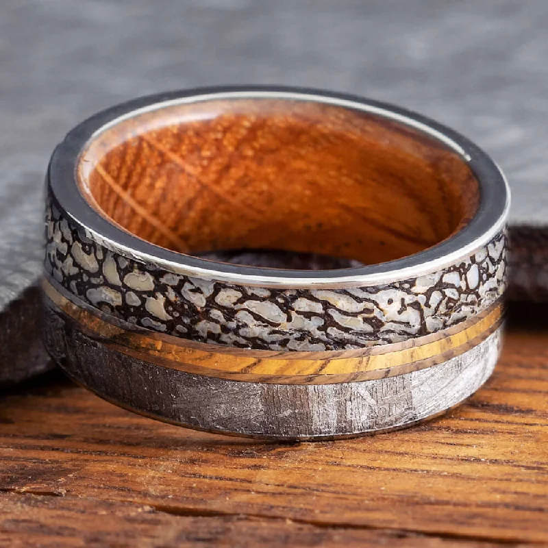 Meteorite & Dinosaur Bone Ring with Wood Sleeve and Gold Pinstripe