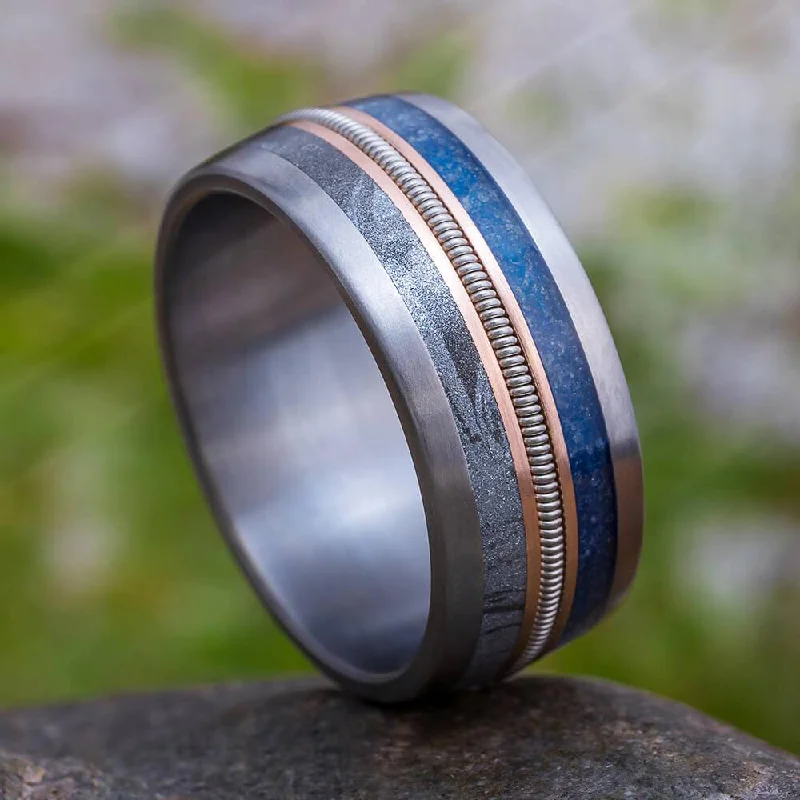 Guitar String Wedding Band with Crushed Sapphire and Mokume