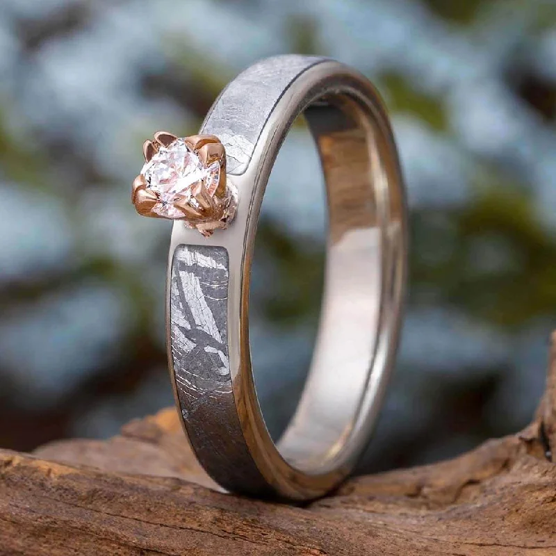 Two-Tone Meteorite Engagement Ring with Split Prong Setting