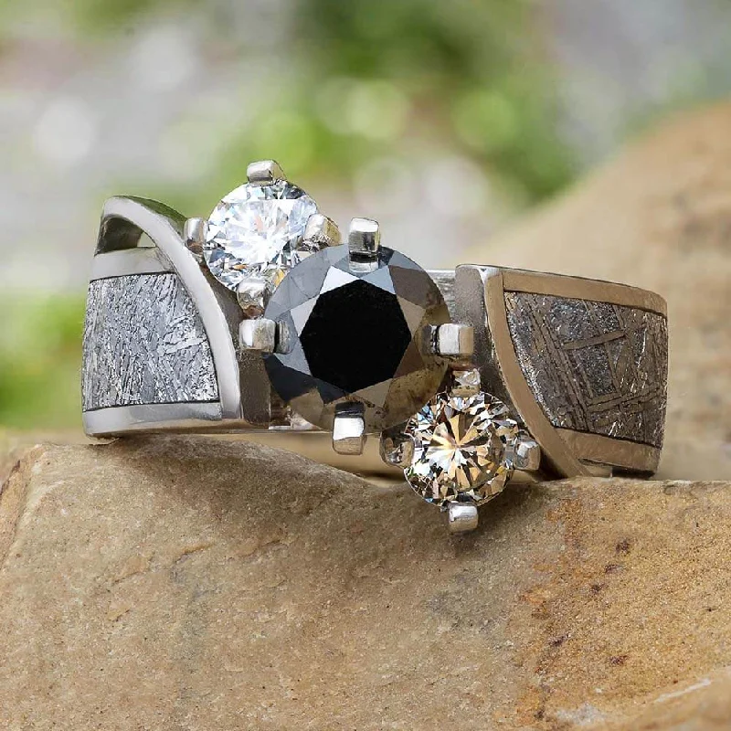 Black Diamond Platinum Engagement Ring with Meteorite