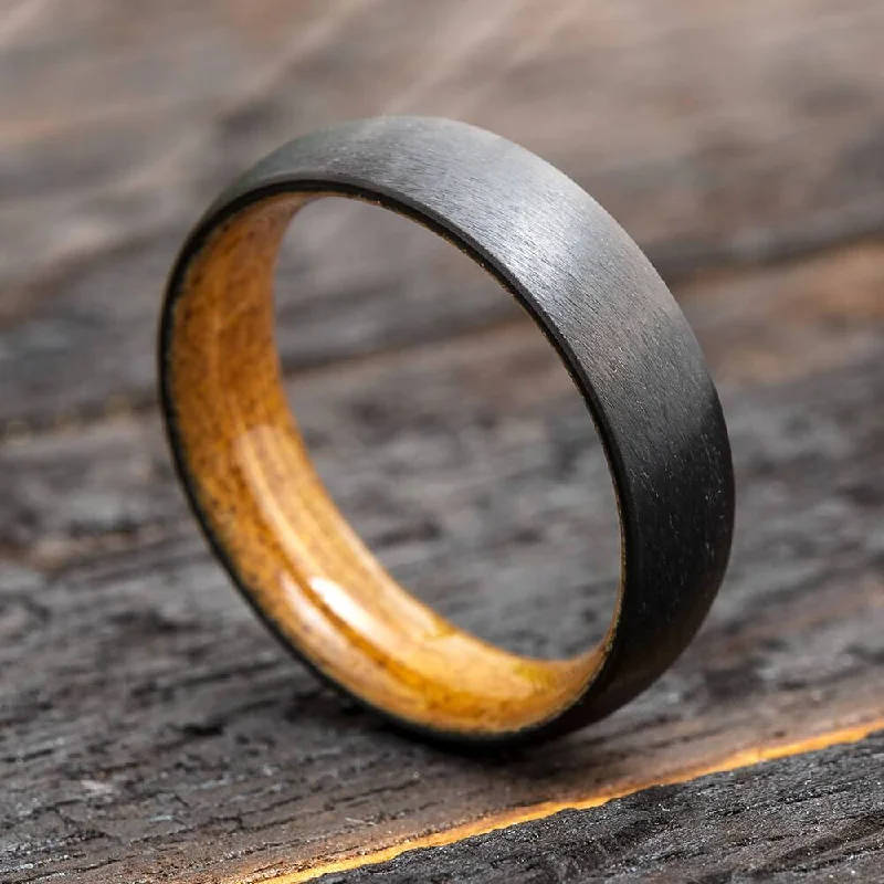 6mm Black Zirconium Ring With Whiskey Barrel Wood Sleeve