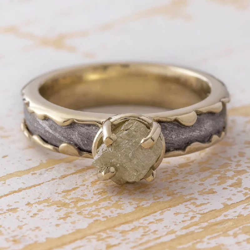 Rough Diamond Engagement Ring, Meteorite Ring with Wavy Design