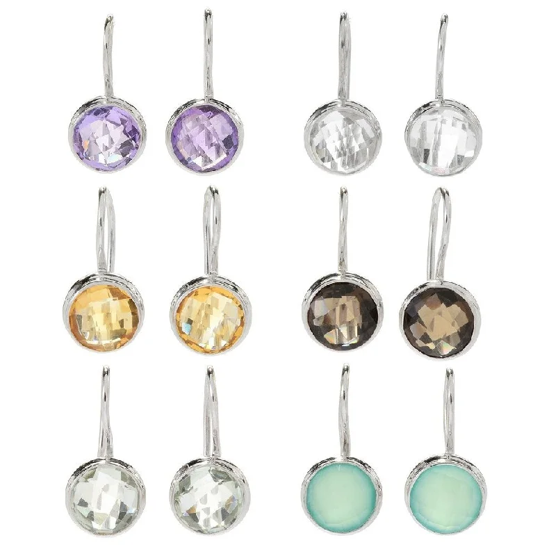 Set of 6 Sterling Silver 0.75" Round Gemstone Drop Earrings