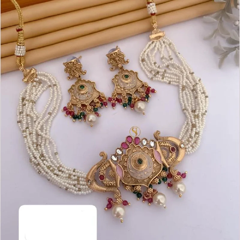 FS Collection Gold Plated Pota Stone And Pearls Choker Meenakari  Necklace Set