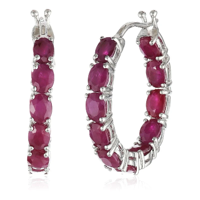 Sterling Silver Genuine Ruby Oval Inside Out Hoop Earrings, 0.75" - Red