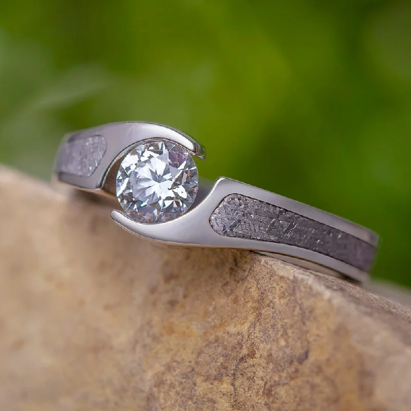 Tension Set Diamond Engagement Ring with Meteorite