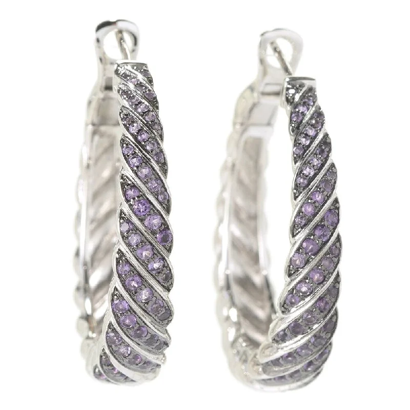 SS/ 0.99ctw African Amethyst Round Multi Diagonal Row Hoop Earrings 1.25'L