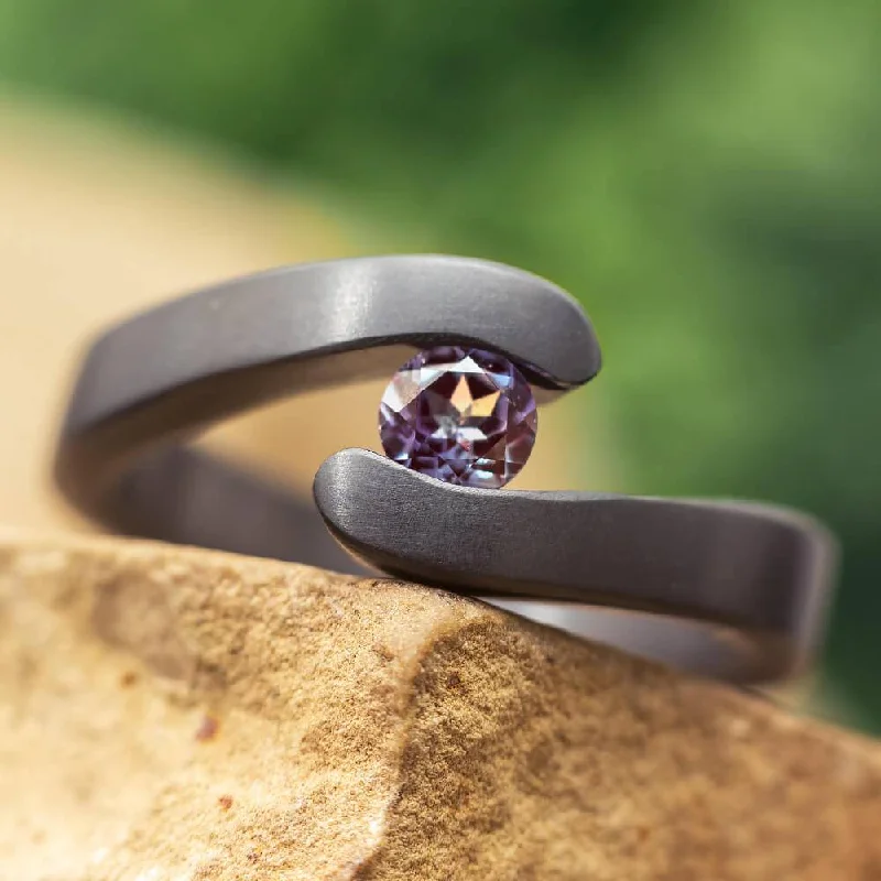 Tension Set Alexandrite in Black Zirconium Engagement Ring