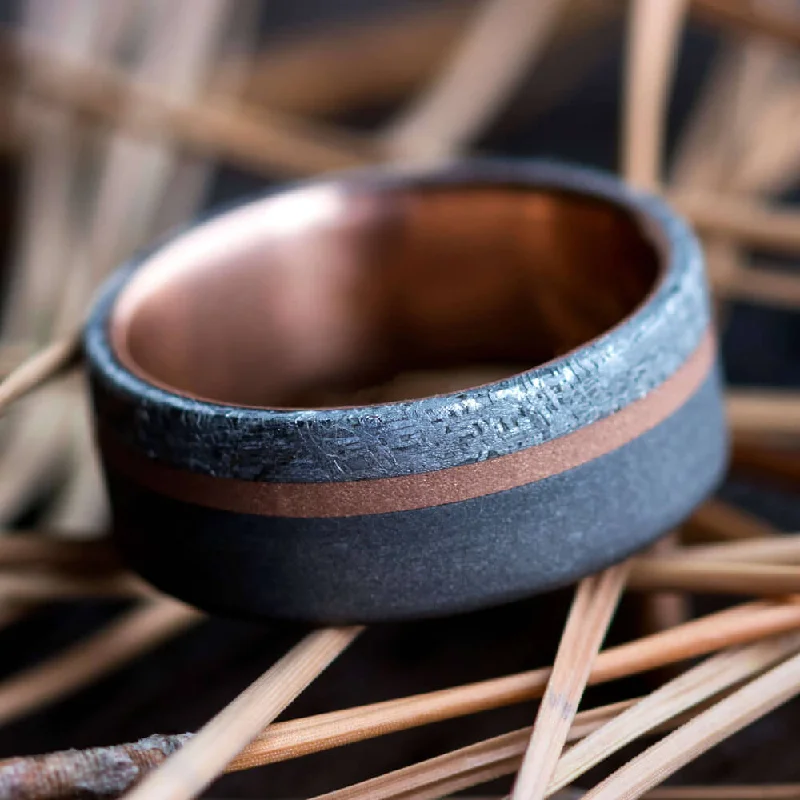 Men's Meteorite Wedding Ring With Rose Gold And Sandblasted Titanium