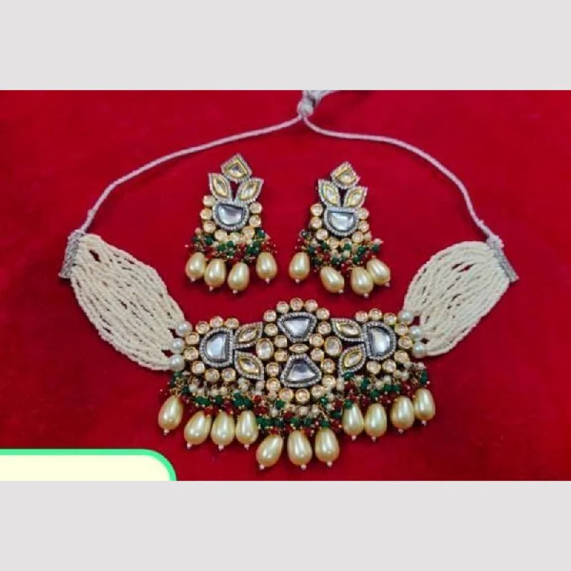 FS Collection 2 Tone Plated Kundan Stone And Pearls Choker Necklace Set