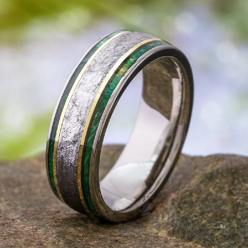 Meteorite & Green Wood Men's Wedding Band With Gold Stripes