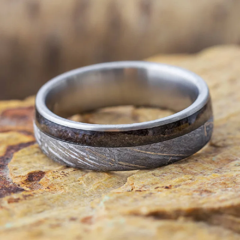 Meteorite Wedding Band With Crushed Dinosaur Bone, Titanium Ring