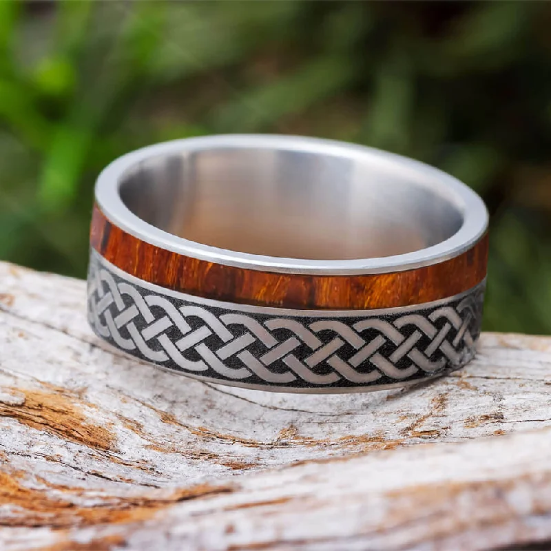 Celtic Eternity Band, Engraved Titanium Ring With Wood Inlay