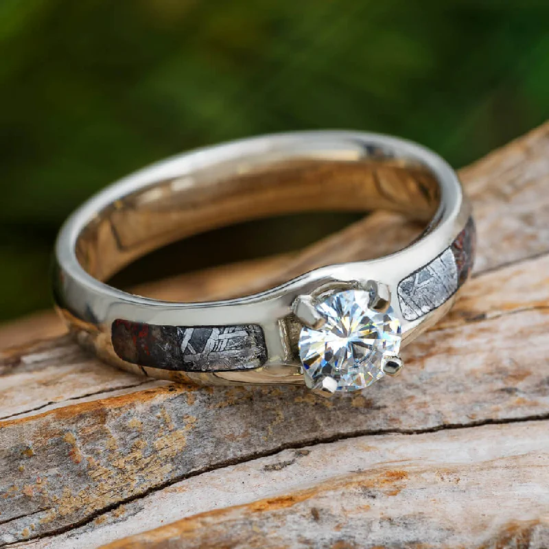 Solitaire Moissanite Engagement Ring with Meteorite and Dinosaur Bone