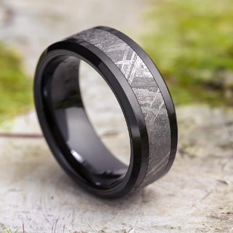 Black Ceramic Ring with Gibeon Meteorite Inlay