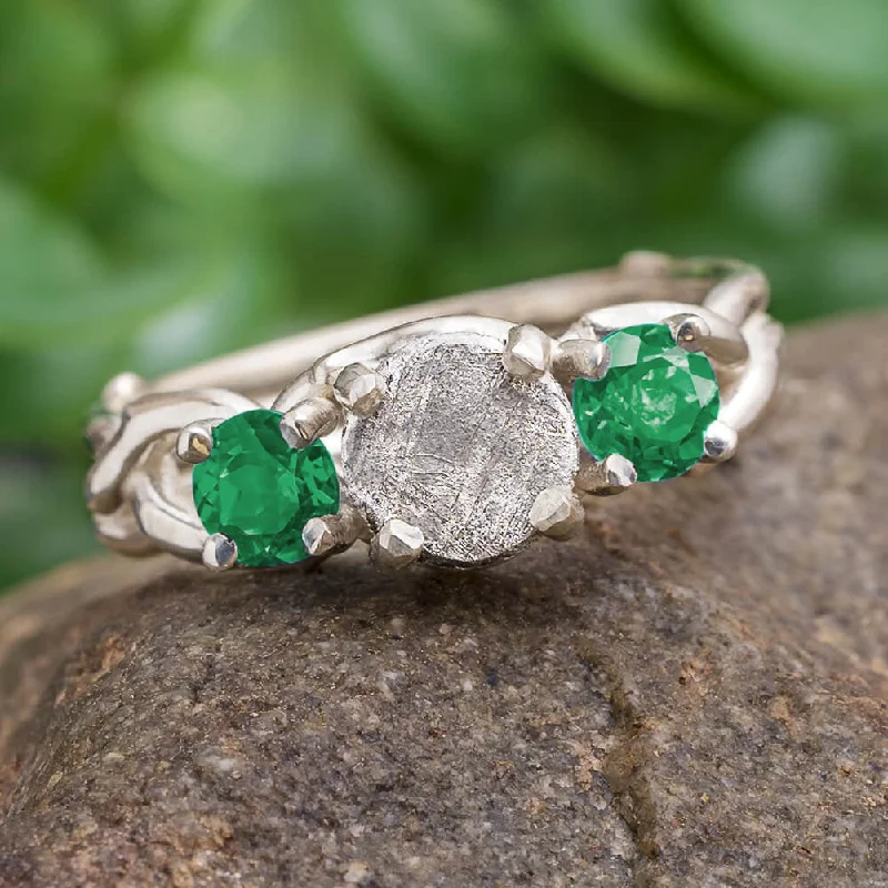 Meteorite And Emerald Engagement Ring