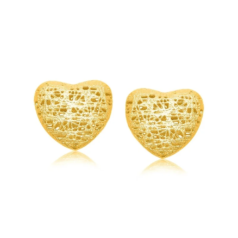 14k Yellow Gold Puffed Heart Motif Lace Stud Earrings