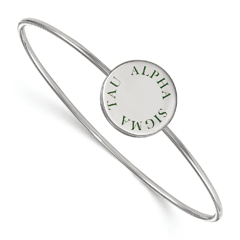 Sterling Silver Alpha Sigma Tau Enamel Green Letters Bangle - 7 in.