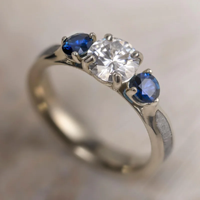 Three Stone Ring with Moissanite, Sapphire & Meteorite