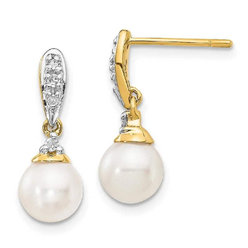 14k Yellow Gold Diamond And 6-7mm Pearl Dangle Earrings (L-17 mm, W-6 mm)