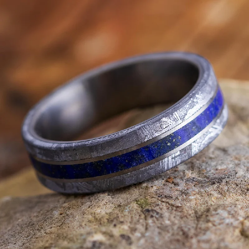 Lapis Lazuli Men's Wedding Band With Meteorite Edges