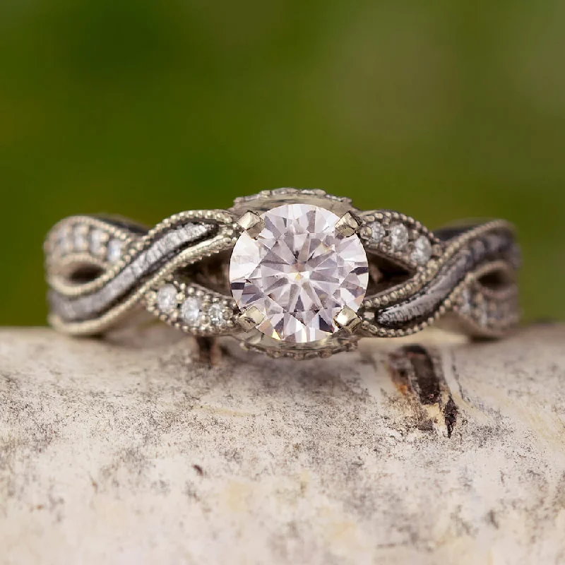 Moissanite Engagement Ring with a Twisted Meteorite and Diamond Shank