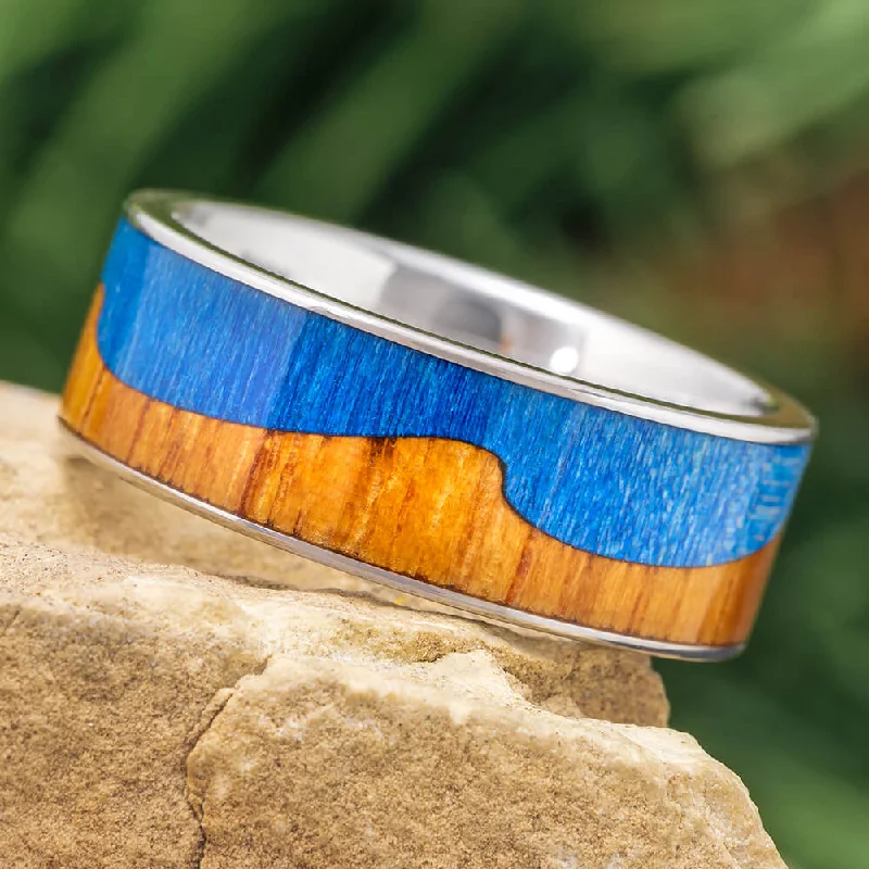 Wavy Wedding Band, Blue Box Elder & Koa Wood Beach Wedding Ring