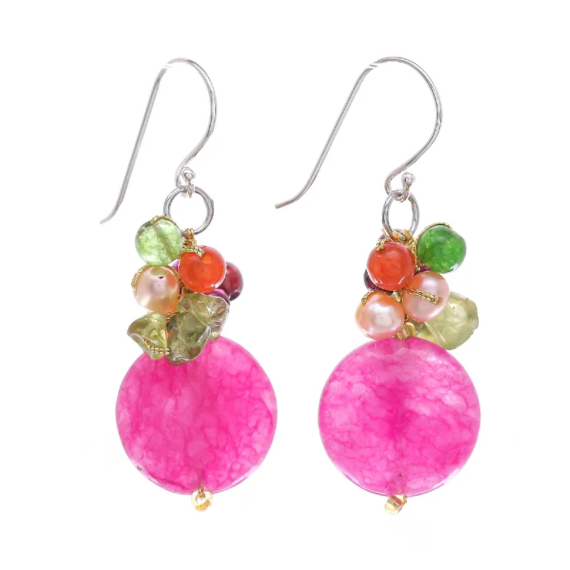 Handmade Sterling Silver Multi-gemstone Freshwater Pearl Dangling Style Earrings 4 mm (Thailand) - Pink