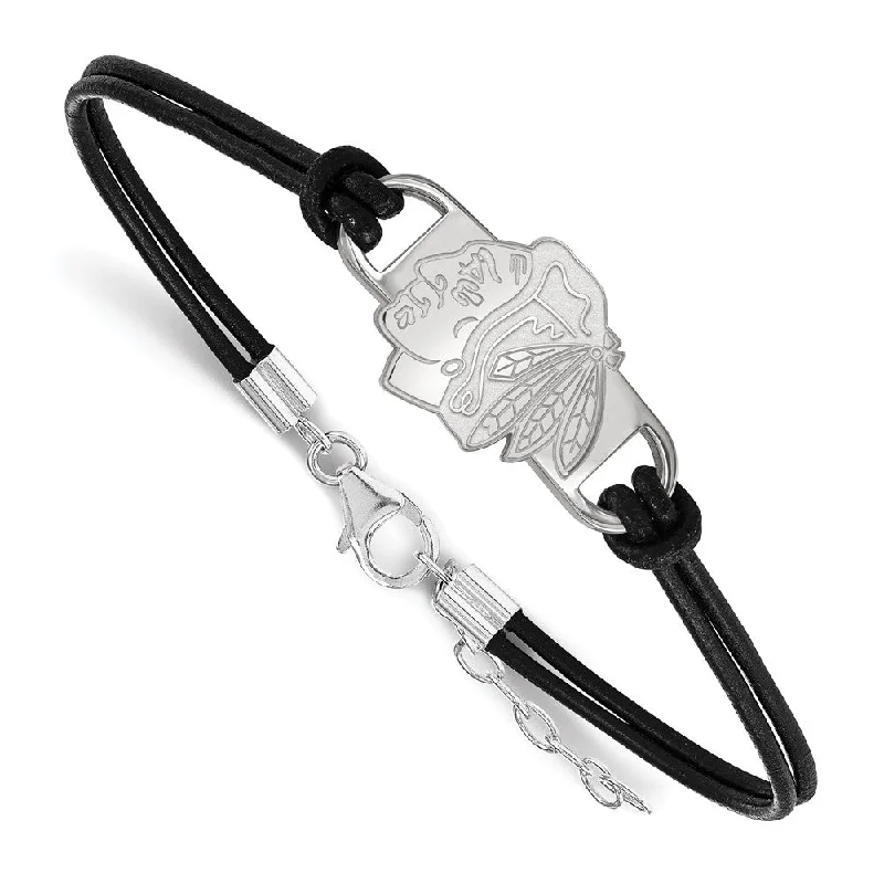 Sterling Silver & Leather NHL Blackhawks Adj. Bracelet