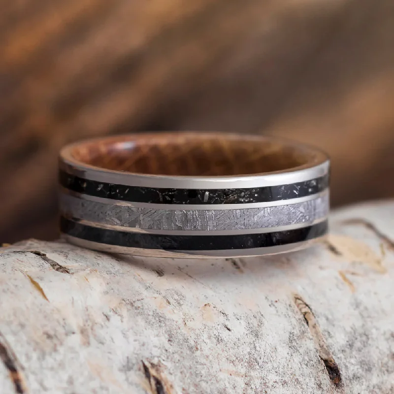 Meteorite & Stardust Ring With Whiskey Oak Wood Sleeve