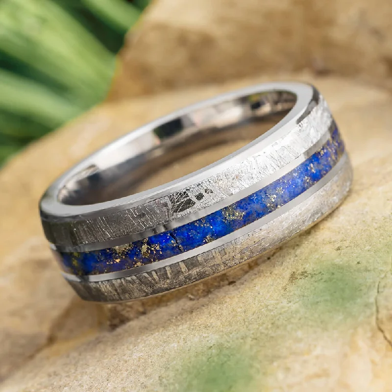 Meteorite & Lapis Lazuli Men's Wedding Band, Blue Ring for Groom