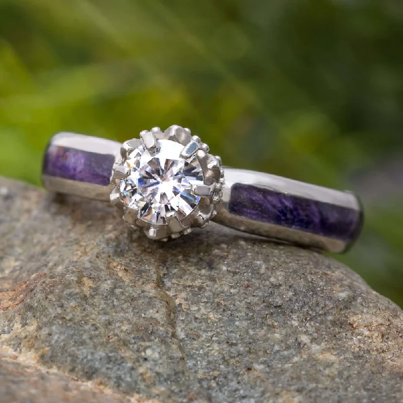 Moissanite Lotus Engagement Ring with Purple Burl Wood