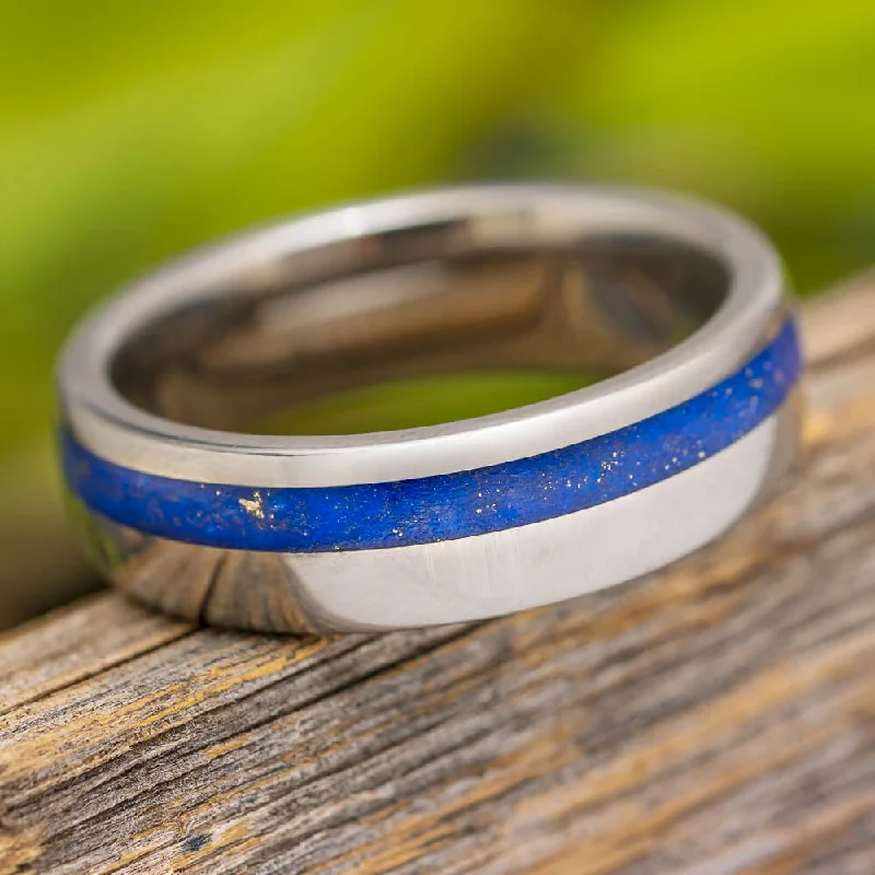 Lapis Lazuli Ring, Titanium Wedding Band With Round Profile