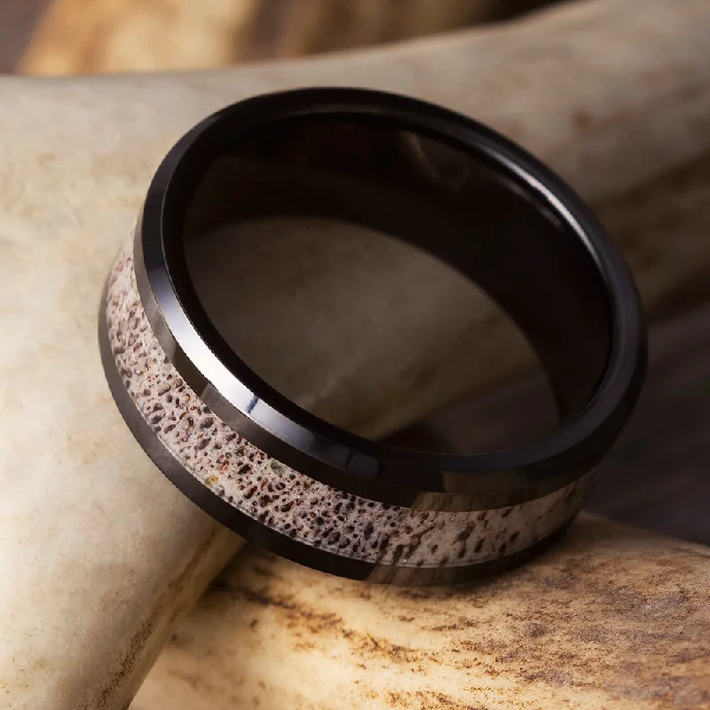 Black Ceramic Ring with Antler & Beveled Edges