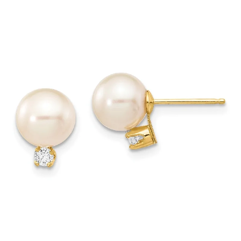 14k Yellow Gold Diamond White Cultured Pearl Stud Earrings (L-7 mm, W-8 mm)