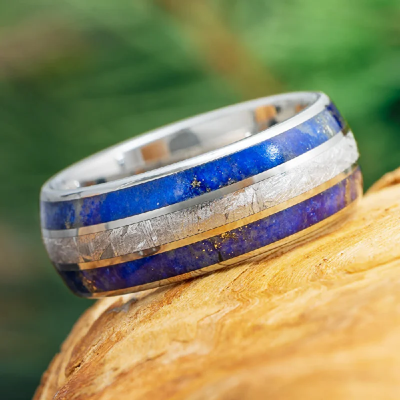 Blue Lapis Lazuli Ring With Meteorite Inlays, Titanium Men's Wedding Band