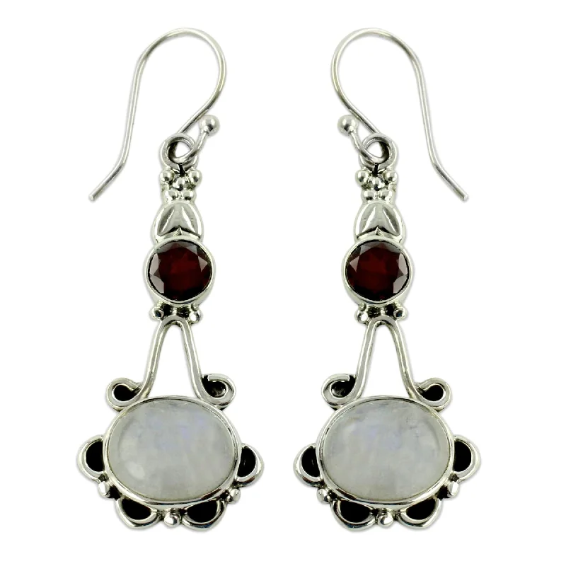 NOVICA Handmade Sterling Silver 'Fresh Beauty' Moonstone Garnet Earrings (India)