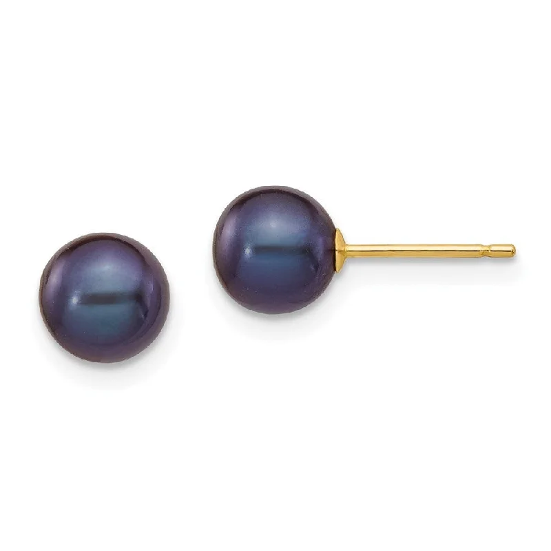 14k Yellow Gold Black Round Cultured Pearl Stud Earrings (L-6 mm, W-7 mm)