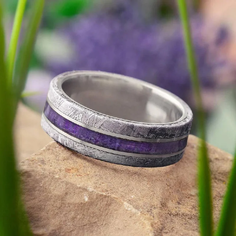 Meteorite Wedding Band With Crushed Amethyst