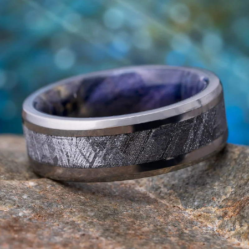 Meteorite Men's Wedding Band With Purple Wood Sleeve