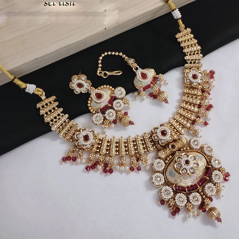 Akruti Collection Gold Plated Pota Stone And Pearls Meenakari Necklace Set