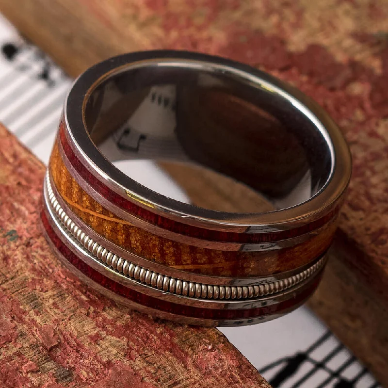 Guitar String Ring with Whiskey Oak and Bloodwood in Titanium